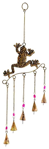 Tree Frog Wind Chime W/Bells & Glass Beads 8"W, 20"H
